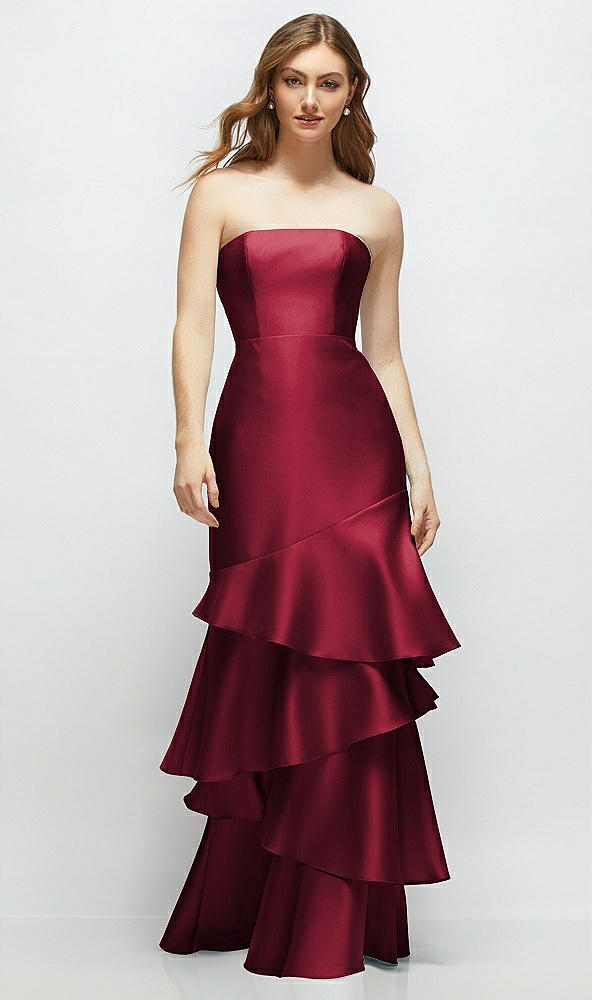 Front View - Burgundy Strapless Bodycon Maxi Dress with Tiered Ruffle Skirt