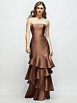 Front View Thumbnail - Cognac Strapless Bodycon Maxi Dress with Tiered Ruffle Skirt