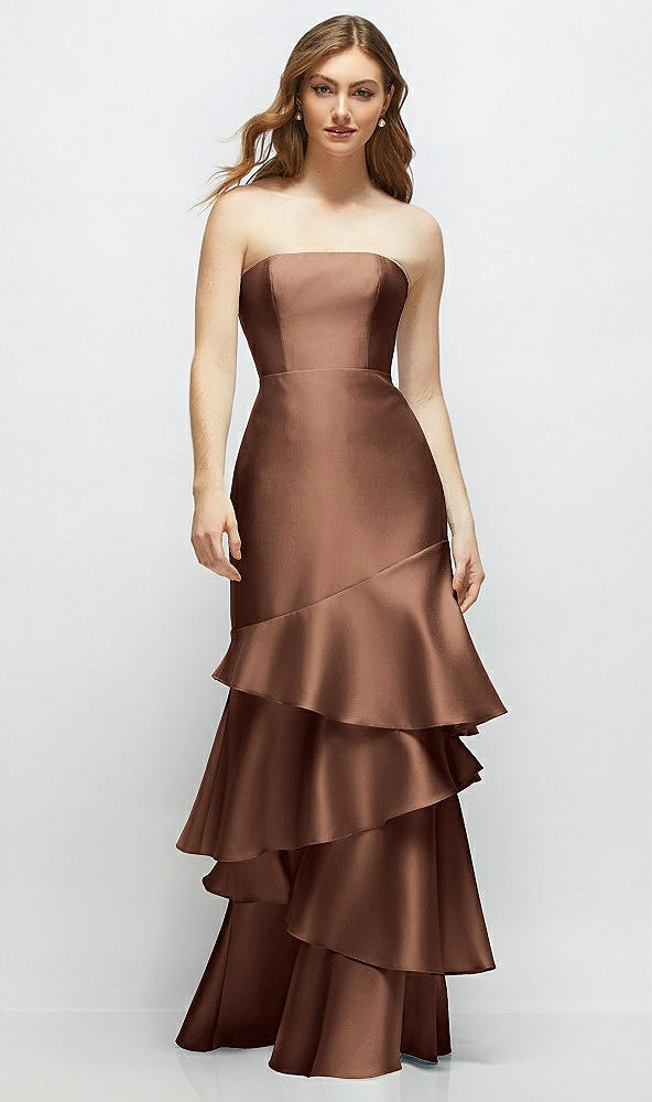 Front View - Cognac Strapless Bodycon Maxi Dress with Tiered Ruffle Skirt