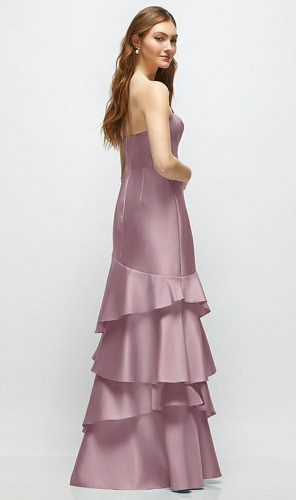 Back View - Dusty Rose Strapless Bodycon Maxi Dress with Tiered Ruffle Skirt