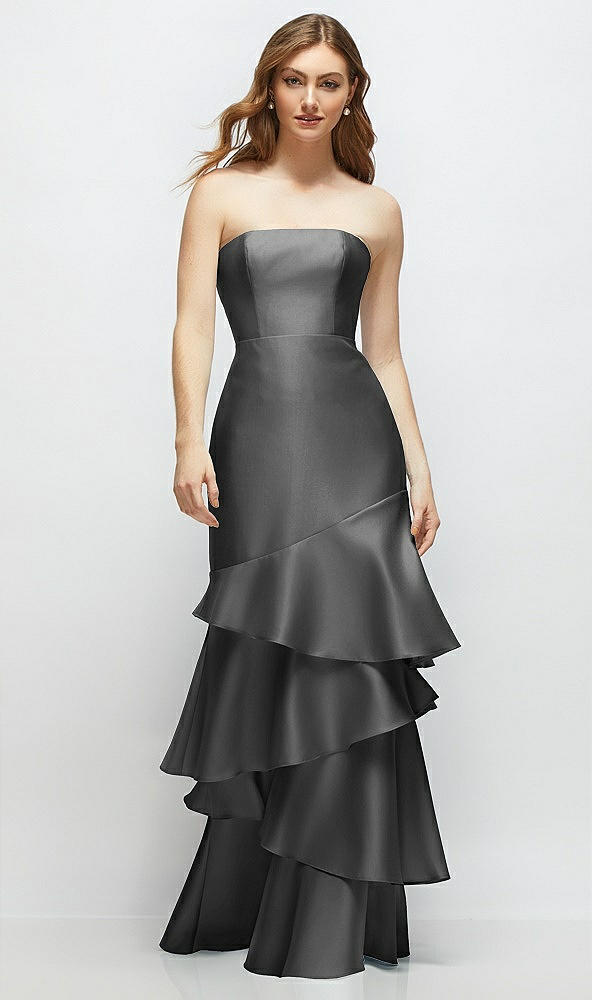 Front View - Gunmetal Strapless Bodycon Maxi Dress with Tiered Ruffle Skirt