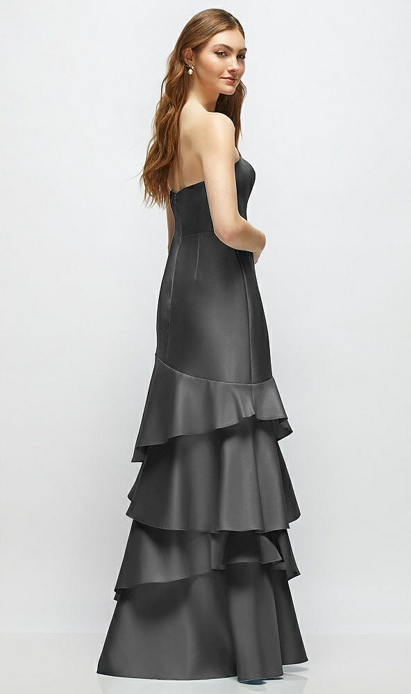 Back View - Gunmetal Strapless Bodycon Maxi Dress with Tiered Ruffle Skirt