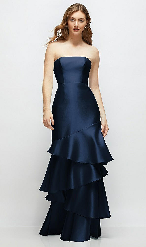 Front View - Midnight Navy Strapless Bodycon Maxi Dress with Tiered Ruffle Skirt