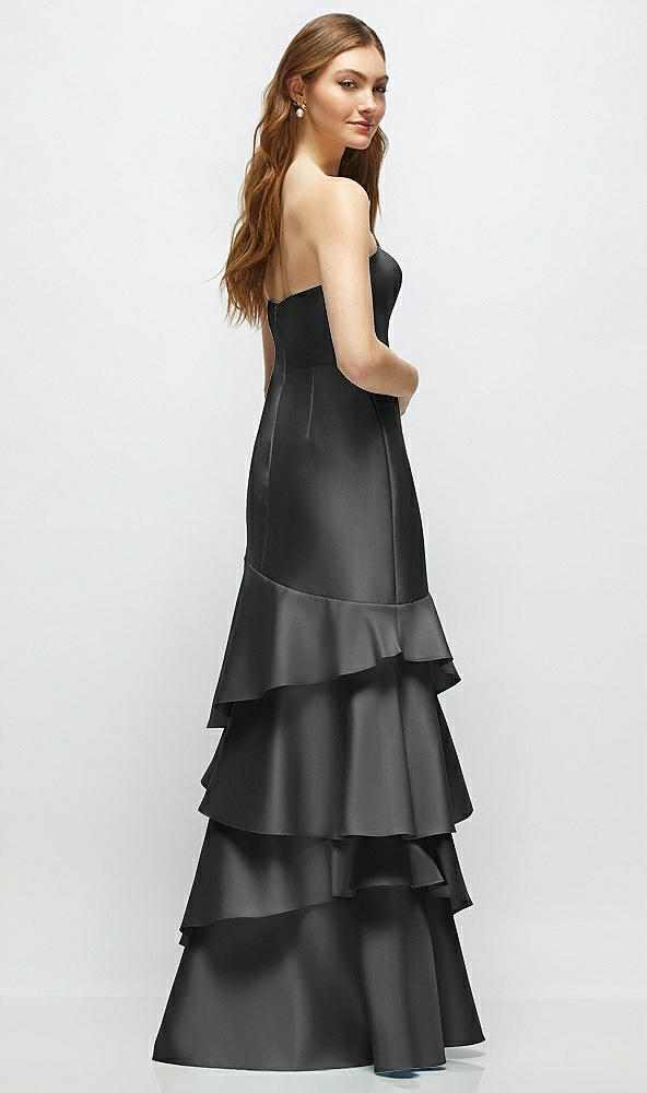 Back View - Pewter Strapless Bodycon Maxi Dress with Tiered Ruffle Skirt