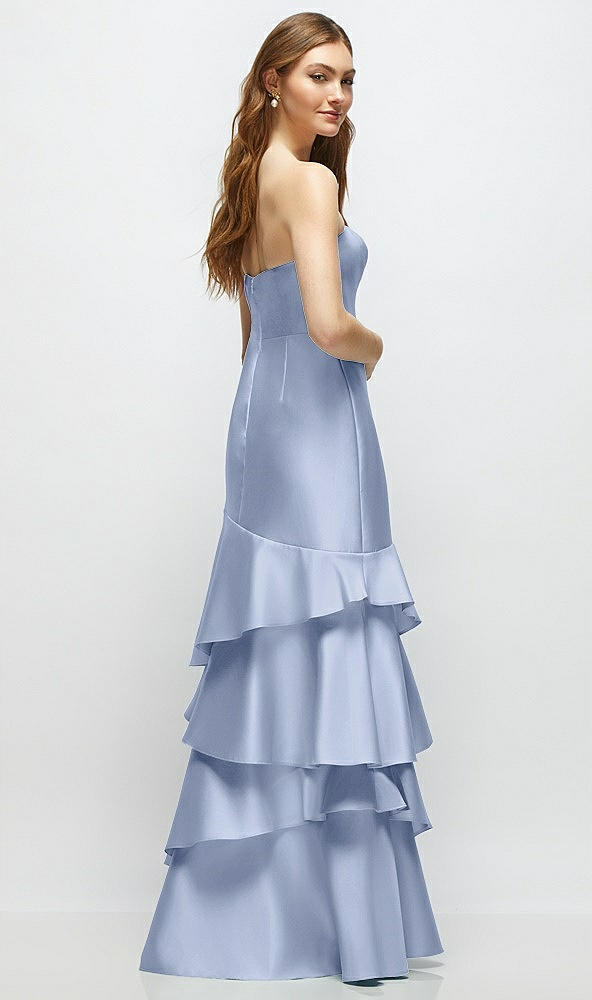 Back View - Sky Blue Strapless Bodycon Maxi Dress with Tiered Ruffle Skirt