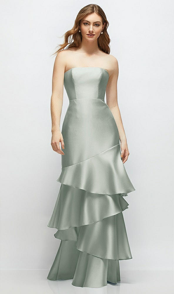 Front View - Willow Green Strapless Bodycon Maxi Dress with Tiered Ruffle Skirt