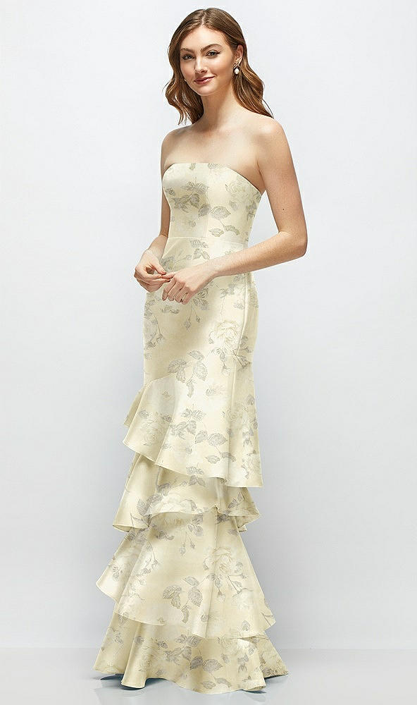 Front View - Butter Yellow Floral Floral Strapless Bodycon Maxi Dress with Tiered Ruffle Skirt