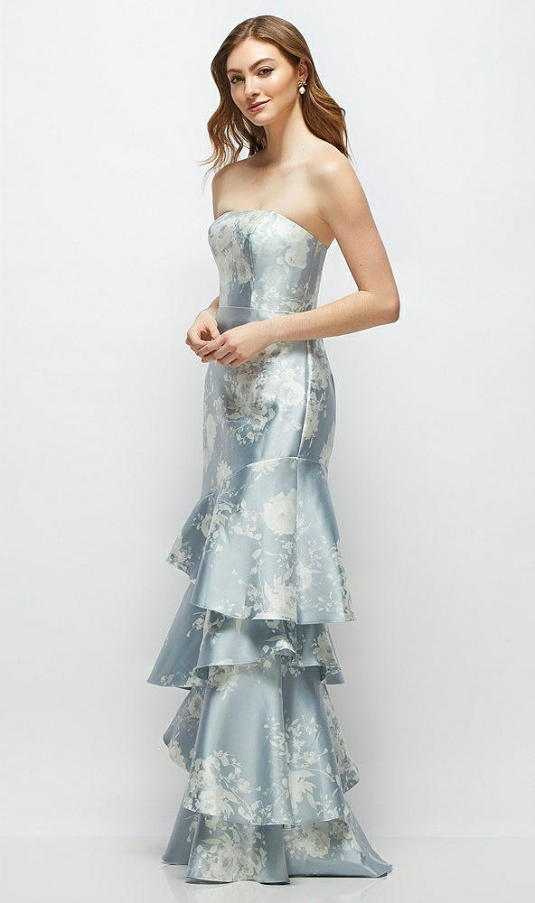 Front View - Porcelain Blue Seraphina Floral Floral Strapless Bodycon Maxi Dress with Tiered Ruffle Skirt