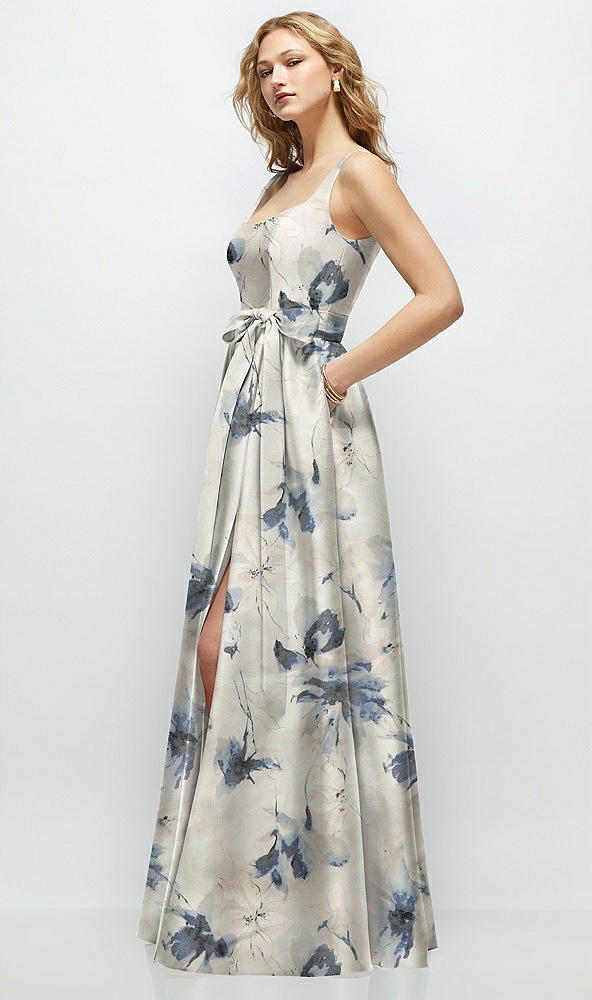 Front View - Inkwash Blue Floral Floral Scoop-Neck Tank Bodice Maxi Dress with Full Skirt