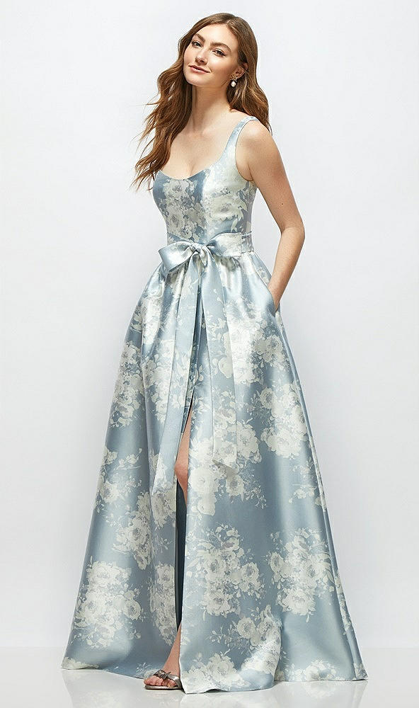 Front View - Porcelain Blue Seraphina Floral Floral Scoop-Neck Tank Bodice Maxi Dress with Full Skirt