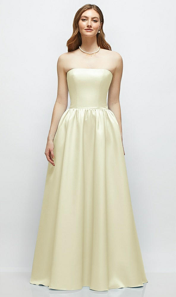 Front View - Butter Yellow Strapless Satin Drop Waist Gown with Full Skirt