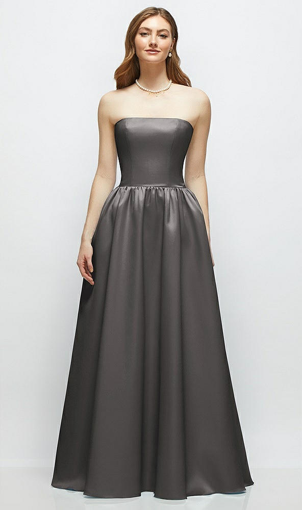 Front View - Caviar Gray Strapless Satin Drop Waist Gown with Full Skirt