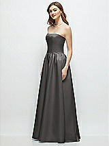 Side View Thumbnail - Caviar Gray Strapless Satin Drop Waist Gown with Full Skirt