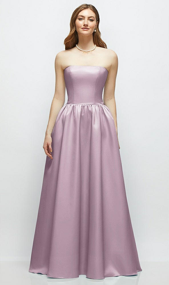 Front View - Suede Rose Strapless Satin Drop Waist Gown with Full Skirt