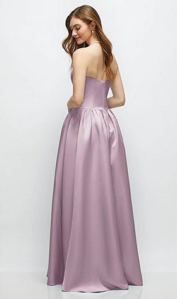 Back View - Suede Rose Strapless Satin Drop Waist Gown with Full Skirt