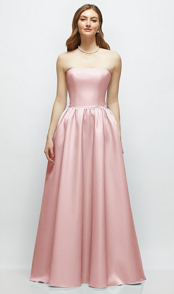 Front View - Ballet Pink Strapless Satin Drop Waist Gown with Full Skirt