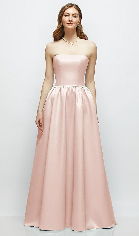 Front View - Blush Strapless Satin Drop Waist Gown with Full Skirt