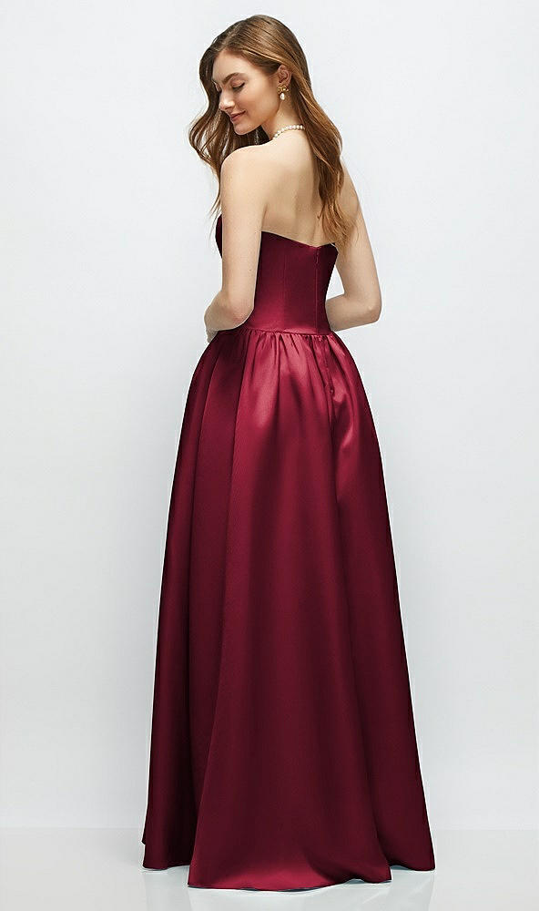 Back View - Burgundy Strapless Satin Drop Waist Gown with Full Skirt