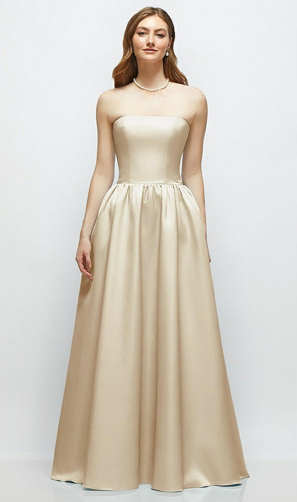 Front View - Champagne Strapless Satin Drop Waist Gown with Full Skirt