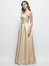 Side View Thumbnail - Champagne Strapless Satin Drop Waist Gown with Full Skirt