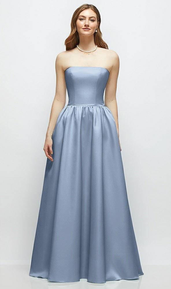 Front View - Cloudy Strapless Satin Drop Waist Gown with Full Skirt