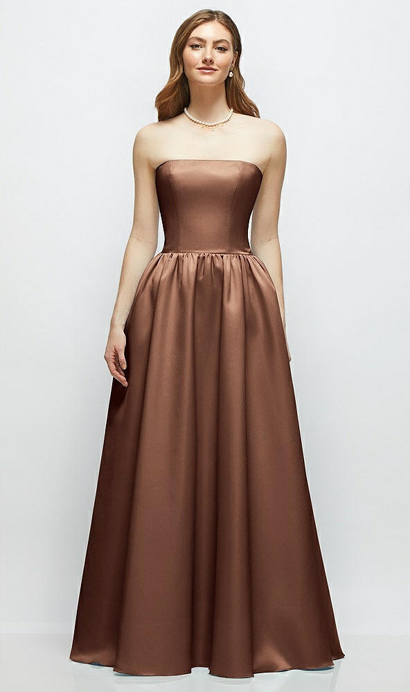 Front View - Cognac Strapless Satin Drop Waist Gown with Full Skirt