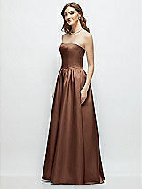 Side View Thumbnail - Cognac Strapless Satin Drop Waist Gown with Full Skirt