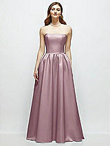 Front View Thumbnail - Dusty Rose Strapless Satin Drop Waist Gown with Full Skirt