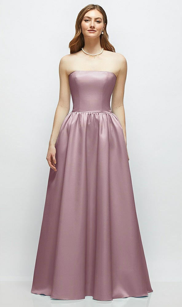 Front View - Dusty Rose Strapless Satin Drop Waist Gown with Full Skirt