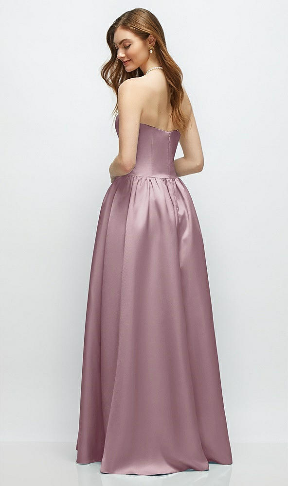 Back View - Dusty Rose Strapless Satin Drop Waist Gown with Full Skirt