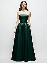 Front View Thumbnail - Evergreen Strapless Satin Drop Waist Gown with Full Skirt