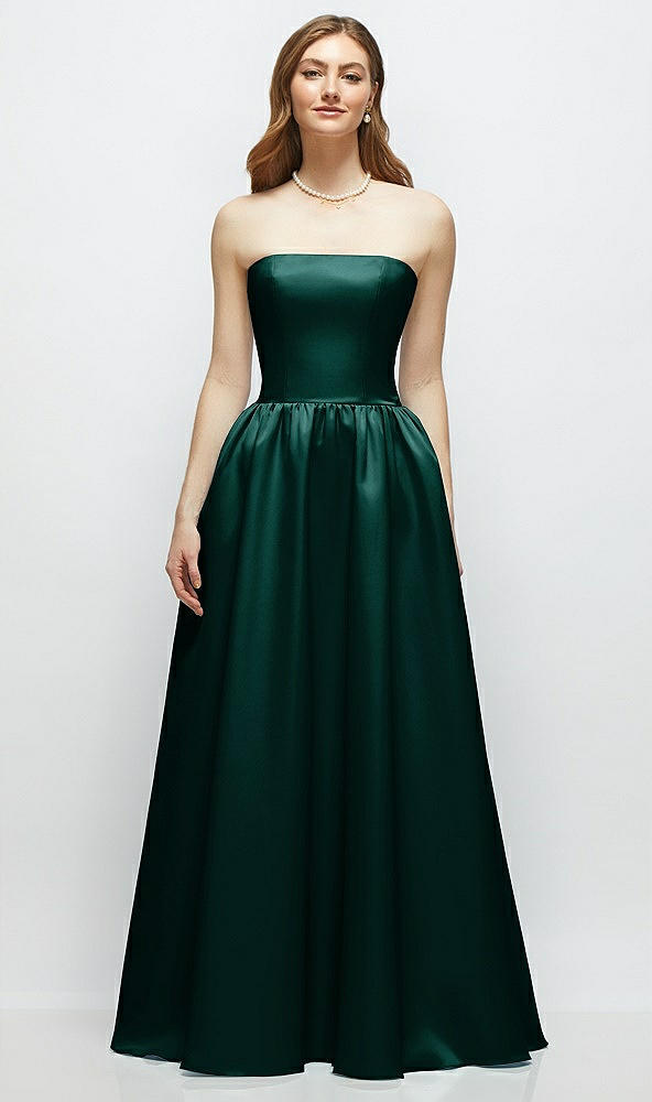 Front View - Evergreen Strapless Satin Drop Waist Gown with Full Skirt