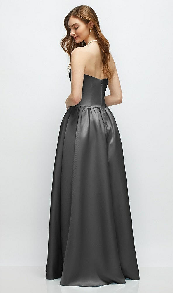 Back View - Gunmetal Strapless Satin Drop Waist Gown with Full Skirt