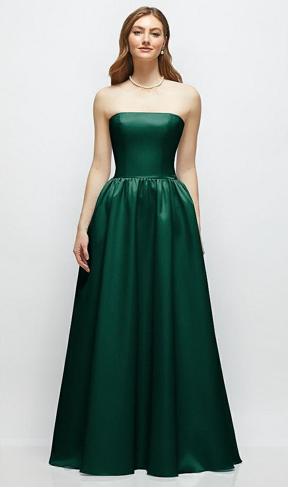 Front View - Hunter Green Strapless Satin Drop Waist Gown with Full Skirt