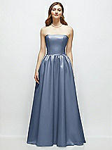 Front View Thumbnail - Larkspur Blue Strapless Satin Drop Waist Gown with Full Skirt