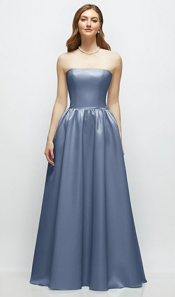 Front View - Larkspur Blue Strapless Satin Drop Waist Gown with Full Skirt