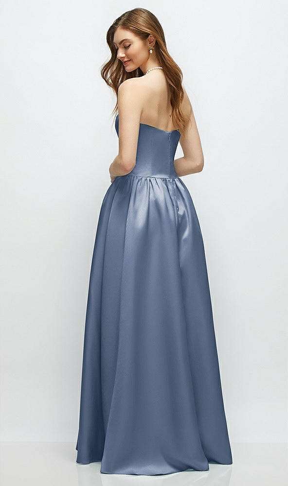 Back View - Larkspur Blue Strapless Satin Drop Waist Gown with Full Skirt