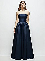 Front View Thumbnail - Midnight Navy Strapless Satin Drop Waist Gown with Full Skirt