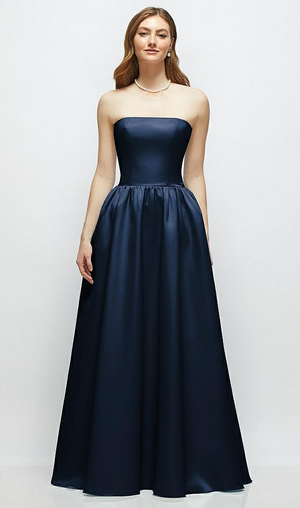 Front View - Midnight Navy Strapless Satin Drop Waist Gown with Full Skirt