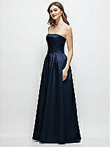 Side View Thumbnail - Midnight Navy Strapless Satin Drop Waist Gown with Full Skirt