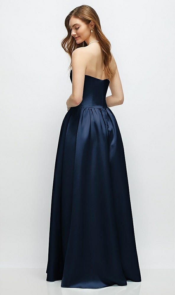 Back View - Midnight Navy Strapless Satin Drop Waist Gown with Full Skirt