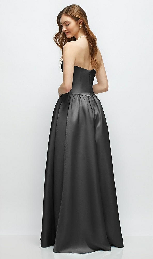 Back View - Pewter Strapless Satin Drop Waist Gown with Full Skirt