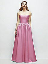 Front View Thumbnail - Powder Pink Strapless Satin Drop Waist Gown with Full Skirt