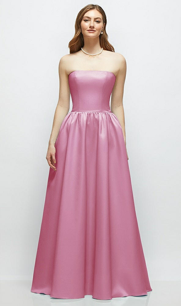 Front View - Powder Pink Strapless Satin Drop Waist Gown with Full Skirt