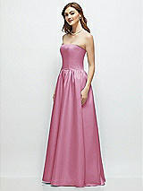 Side View Thumbnail - Powder Pink Strapless Satin Drop Waist Gown with Full Skirt