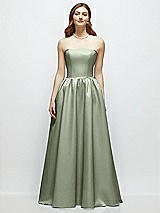 Front View Thumbnail - Sage Strapless Satin Drop Waist Gown with Full Skirt