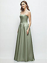 Side View Thumbnail - Sage Strapless Satin Drop Waist Gown with Full Skirt