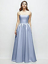 Front View Thumbnail - Sky Blue Strapless Satin Drop Waist Gown with Full Skirt