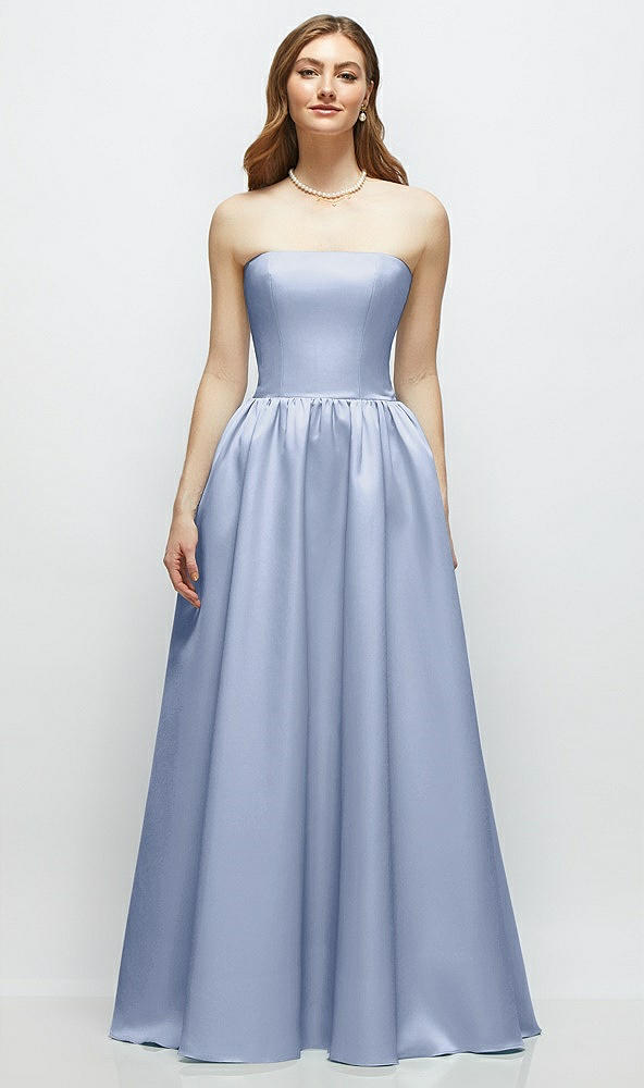 Front View - Sky Blue Strapless Satin Drop Waist Gown with Full Skirt