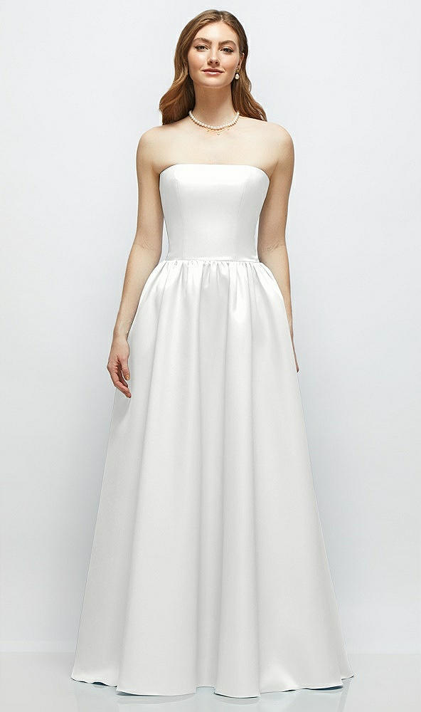 Front View - White Strapless Satin Drop Waist Gown with Full Skirt